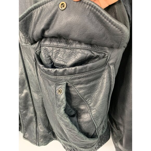 London Fog XL Black Leather Bomber Jacket Quilted Lining Multiple Pockets 8756 - Picture 2 of 12
